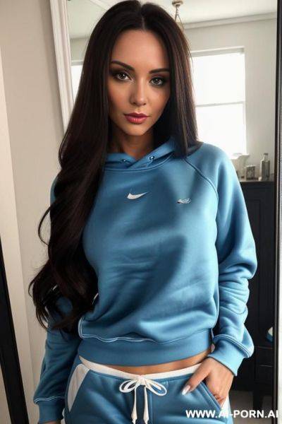 Woman long hair blue sweatshirt blue sweatpants selfie photo in the mirror - ai-porn.ai on pornintellect.com