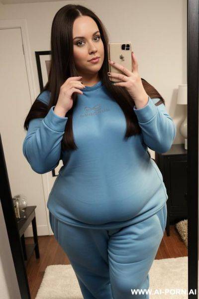 Woman long hair blue sweatshirt blue sweatpants selfie photo in the mirror, extra thicc, pear shaped - ai-porn.ai on pornintellect.com