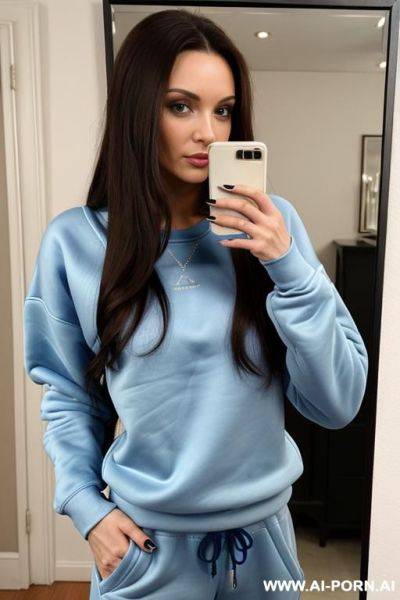 Woman long hair blue sweatshirt blue sweatpants selfie photo in the mirror cum shot in mouth - ai-porn.ai on pornintellect.com