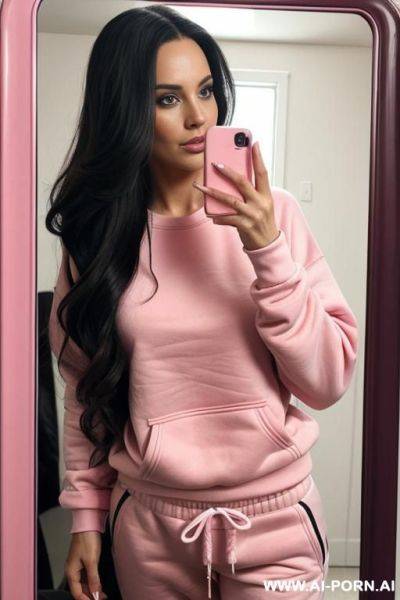 Woman long hair pink sweatshirt pink sweatpants selfie photo in the mirror - ai-porn.ai on pornintellect.com