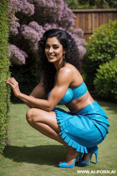 Indian, fit, abs, muscular arms, big ass, tall, long legs, navel piercing, blue frills bra, blue pleat skirt, looking at camera, full body, stiletto, in garden, squatting, side view - ai-porn.ai - India on pornintellect.com