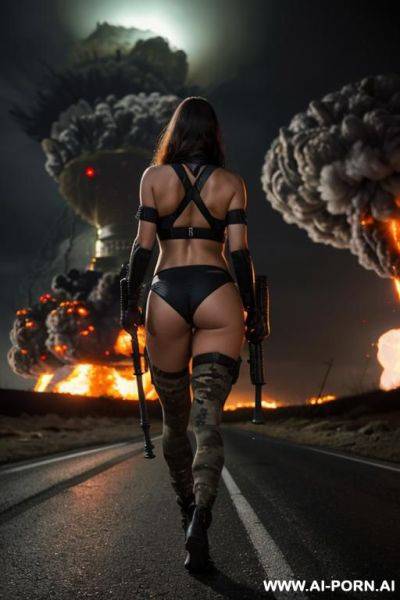 Foggy night in the apocalyptic city , ((((landscape atomic explosion end of the road )))), horizont looking , from behind view sexy walking , oil body , camouflage thong , tight t-shirt round - ai-porn.ai on pornintellect.com