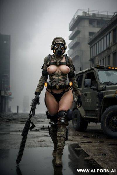 At nigth , apocalyptic city , cloudy sky fog battle city , ruined streets , horizont looking , walking sexy pose , oil body , camouflage thong , topless round masive boobs , camouflage - ai-porn.ai on pornintellect.com