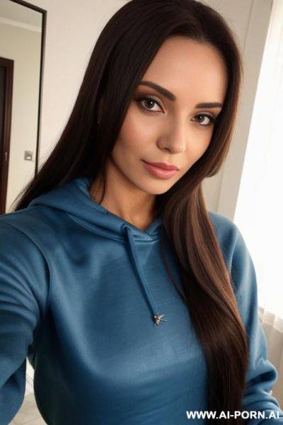 Woman long hair blue sweatshirt blue sweatpants selfie photo in the mirror - ai-porn.ai on pornintellect.com