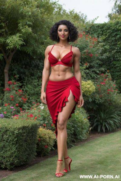 Indian, short hair, fit, abs, muscular arms, big ass, tall, long legs, navel piercing, red frill bra, red pleat skirt, looking at camera, full body, stiletto, in garden, side view - ai-porn.ai - India on pornintellect.com