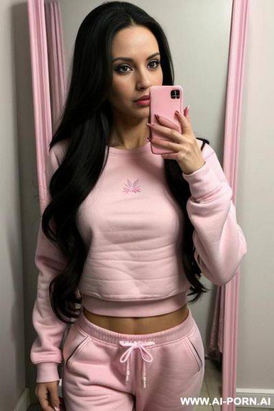 Woman long hair pink sweatshirt pink sweatpants selfie photo in the mirror - ai-porn.ai on pornintellect.com