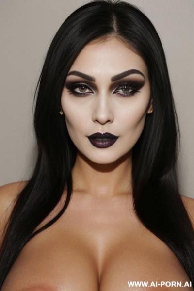 Cheap horny easy slut, stub nose, square chin, square jaw, wide cheekbones, garish makeup, plump, fake boobs, goth, tan lines - ai-porn.ai on pornintellect.com