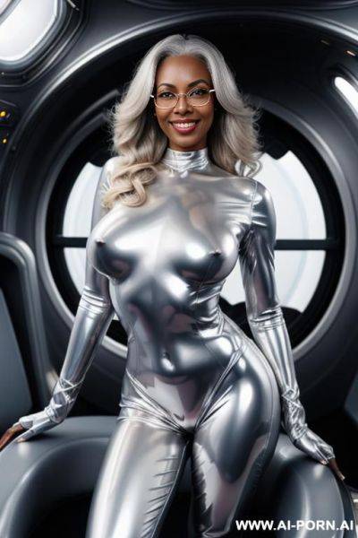 Shaved pussy , fully naked curvy tall oiled silver space lady, fully shaved silver metallic nude body , no clothes, full body view , oiled body, shiny silver oil , silver dust all over - ai-porn.ai on pornintellect.com
