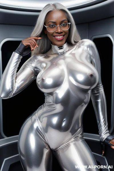 Shaved pussy , fully naked curvy busty tall oiled silver space lady, fully shaved silver metallic nude body , no clothes, full body view , oiled body, shiny silver oil , silver dust all - ai-porn.ai on pornintellect.com