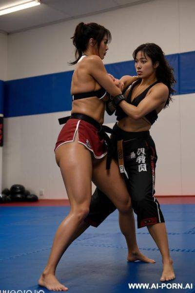 (tanned martial arts woman) (loose fitting gi) (dojo) (sparring with master) - ai-porn.ai on pornintellect.com