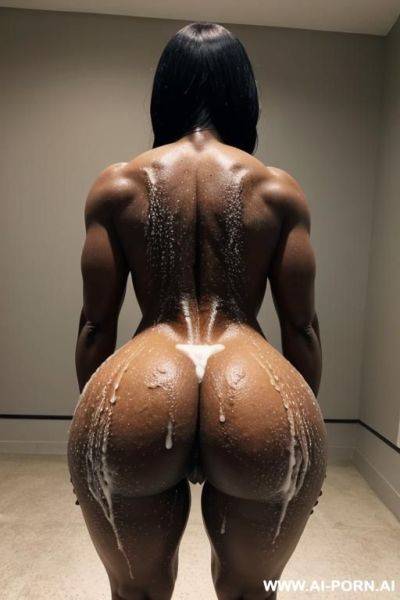 A black totally naked fit woman stand and bend over.she have a big round ass.she gapes her ass with her hands.she gaps her ass with her hands.her ass is drenched of a load of white cum. - ai-porn.ai on pornintellect.com