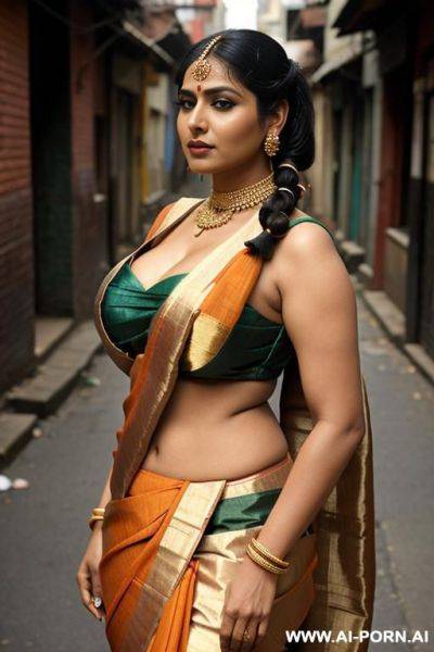 Indian woman, busty, gigantic boobs, huge tits, sexy sari top, street, in public, alleyway - ai-porn.ai - India on pornintellect.com