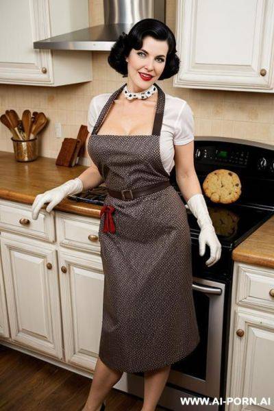 Milf housewife serves baked cookies in kitchen, wearing vintage apron and gloves, totally naked - ai-porn.ai on pornintellect.com