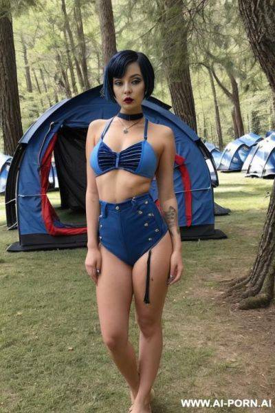 Gorgeous goth reality star, short blue and black hair, blue lipstick, curved body, wide hips, big ass, full body view, nude, - ai-porn.ai on pornintellect.com
