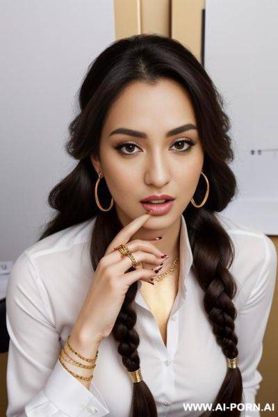 Arabic woman, in an office, (gold necklace bracelets and rings, hoop earrings), ((white office shirt)), shocked, brown braided hair, camera from above, - ai-porn.ai on pornintellect.com