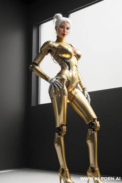 Beautiful real female taur cyborg robot with skin in metal-latex white and gold color, with four meccanic leg and metallic ,enormus boobs ,natural uman face, image hd quality - ai-porn.ai on pornintellect.com