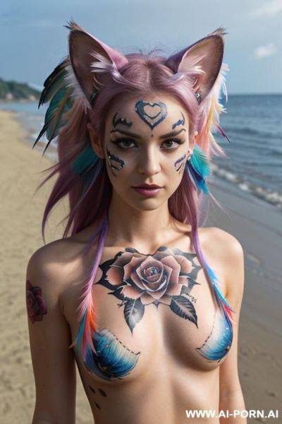 Face, sexy, beautiful, ((face painting)), ((bikini as seashell)), ((tattoo roses)), ((eyes shw)), ((angel wings)), ((rainbow hair)), ((long bu hair)), ((wind)), (( cat face)), (( cat ears)), (((feather - ai-porn.ai on pornintellect.com