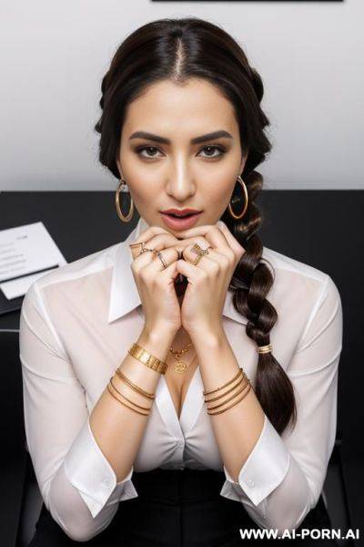 Arabic woman, in an office, (gold necklace bracelets and rings, hoop earrings), ((white office shirt)), shocked, brown braided hair, camera from above, - ai-porn.ai on pornintellect.com