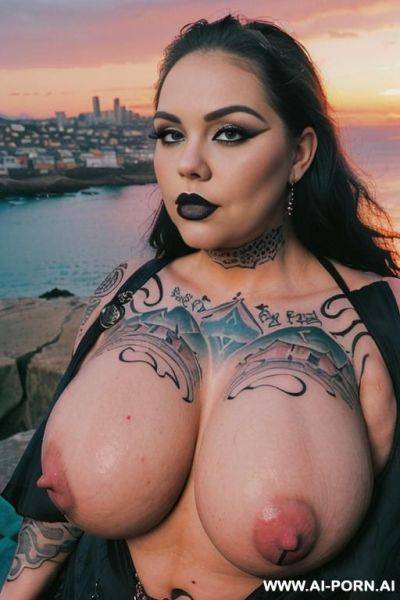 (((sexy bbw with enormous gigantic tits, very sexy bbw face, slut makeup, very big areolas, creative tattoos, rock attributes, rock slut outfit, showing pussy, sea and city at background, sunset with gorgeous sky))) - ai-porn.ai on pornintellect.com