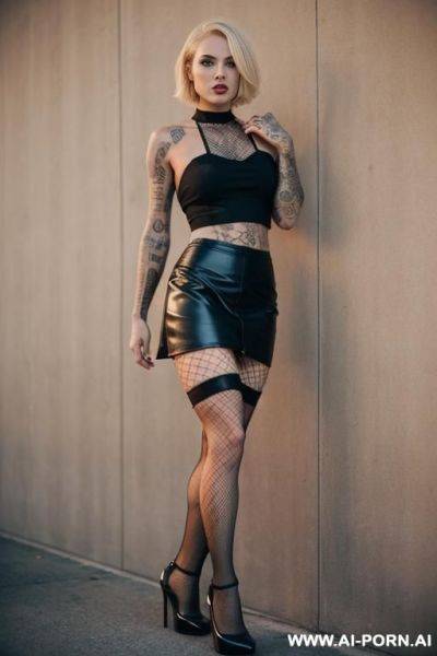 Sexy, tattooed, swedish woman, wearing high heels, short hair, blonde hair, high heels, tight skirt, croptop, fishnets, fishnet stockings, leather - ai-porn.ai - Sweden on pornintellect.com