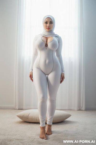 Hijab woman wearing tight white catsuit, bare feet, curvy hourglass figure, realistic with depth of field - ai-porn.ai on pornintellect.com