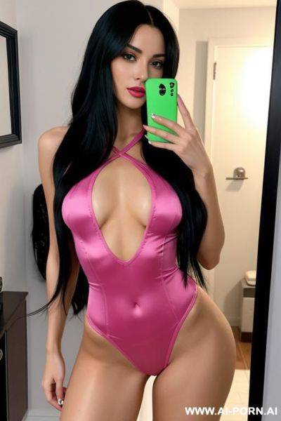 Woman long hair bodysuit two pink-green selfie photo in the mirror - ai-porn.ai on pornintellect.com