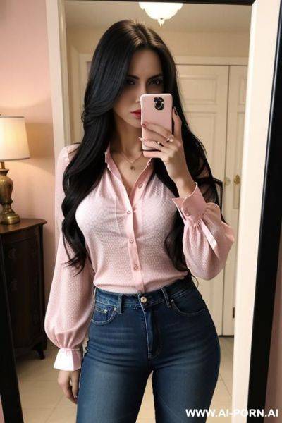 Woman long hair jeans blouse pink selfie photo in the mirror - ai-porn.ai on pornintellect.com