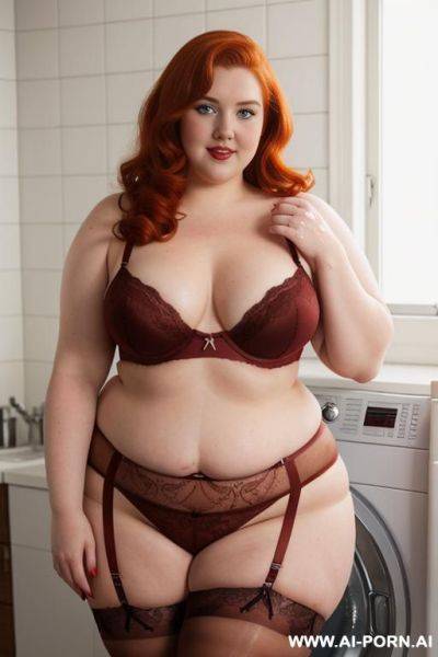 Half-length photo, ((half body photo shot close up)). as a set in the laundry area, a (((big obese))) fat chubby fat thick and bbw redhead british, ((she is washing clothes)). she has - ai-porn.ai - Britain on pornintellect.com