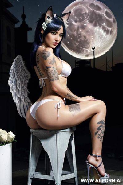 Woman, 1, pretty face, ponytail hair, drooling saliva, wet skin, torn clothes, big firm breasts, underboob, curvaceous body, ass, long legs, tatoo, piercings, pussy leaking, torn fishnet, chocker, - ai-porn.ai on pornintellect.com