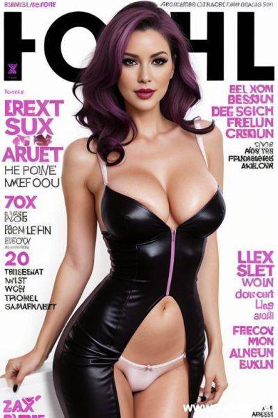 Magazine cover, grab boobs , full body view ,sexy pose, ,european , fit figure , smirk ,purple hair ,black pencil dress - ai-porn.ai on pornintellect.com