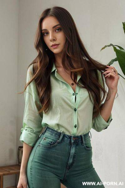 Woman long hair jeans blouse green, open shirt, keep face, - ai-porn.ai on pornintellect.com