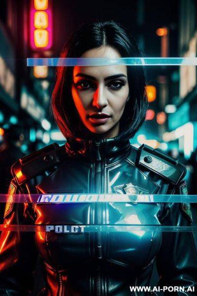 (close up) (cyberpunk police officer woman) (wearing riot gear) (transparent riot shield) (unzipped uniform) (nice cleavage) (dark cyberpunk city street) (neon lights) - ai-porn.ai on pornintellect.com