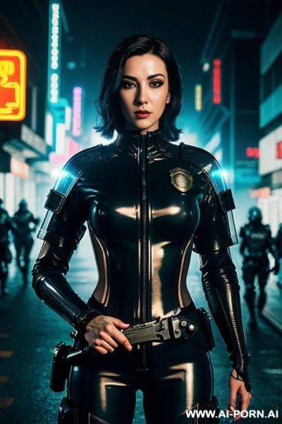 (close up) (cyberpunk police officer woman) (wearing riot gear) (transparent riot shield) (unzipped uniform) (dark cyberpunk city street) (neon lights) - ai-porn.ai on pornintellect.com