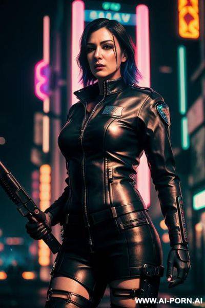 (close up) (cyberpunk police officer woman) (wearing riot gear) (unzipped uniform) (dark cyberpunk city street) (neon lights) - ai-porn.ai on pornintellect.com