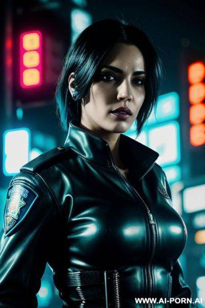 (close up) (cyberpunk police officer woman) (wearing riot gear) (dark cyberpunk city street) (neon lights) - ai-porn.ai on pornintellect.com