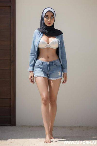 Hijab woman wearing tight white blue jean shorts, bare feet, fit figure, realistic with depth of field - ai-porn.ai on pornintellect.com