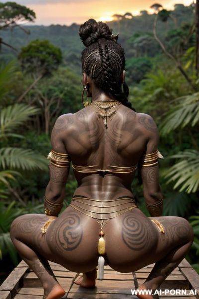Beautiful short curvy body ethiopian queen, (lean toned body), (((defined muscles))), ((abs)), (((((saggy boobs))))), (((gold necklace))), ((long gray braided hair)), (((strass loincloth))), squatting on a - ai-porn.ai - Ethiopia on pornintellect.com