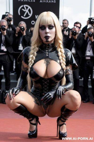 Long braided blonde hair, purple transparant latex leotard, milf, tanned skin - ai-porn.ai on pornintellect.com
