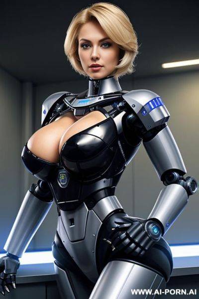 Robotic police officer, standing upright, pretty face, short straight blonde hair, (black fully robotic body, huge tits, fit body, thick arms, shapely arms, shapely legs) - ai-porn.ai on pornintellect.com