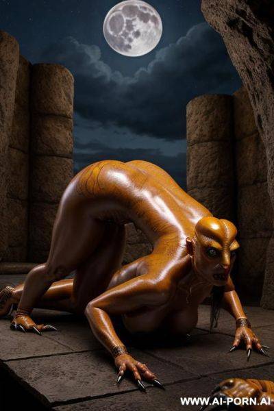 Midnight, moon hid behind the clouds , darkness; woman on all fours pose (most realistic woman) (very perfect woman) ((pretty woman)); scorpion fucks a woman (giant scorpion- monster), scorpion and - ai-porn.ai on pornintellect.com