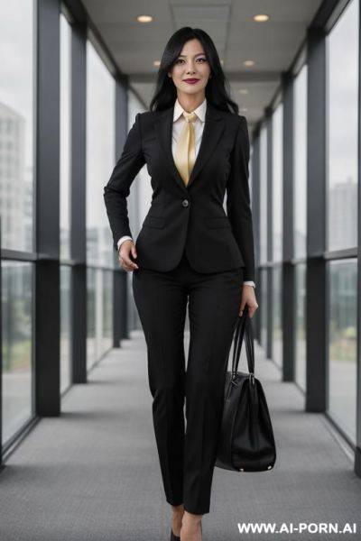 Blonde 40-0 year old business attire shoulder length hair bending over to pick someg up in a structured business outfit - ai-porn.ai on pornintellect.com