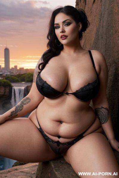 Rock bbw with pretty chubby face, seductive look, begging for sex, slut makeup, extremely gigantic tits, very large realistic areolas, creative rock tattoos, creative punk hairstyle, big city with waterfalls at gorgeous sunset - ai-porn.ai on pornintellect.com