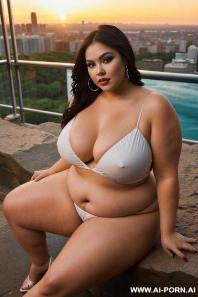 Rock bbw with pretty chubby face, seductive look, begging for sex, slut makeup, big city with waterfalls at gorgeous sunset - ai-porn.ai on pornintellect.com