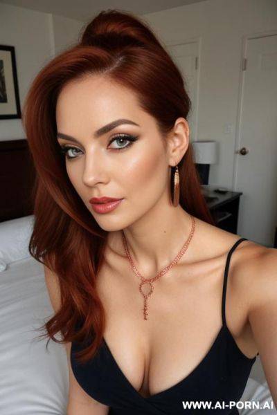 Mature lady, sensual face, alluring eyes, long lashes, long legs, necklace, earrings, tight belly, thick short voluminous shiny hair, red lipstic - ai-porn.ai on pornintellect.com