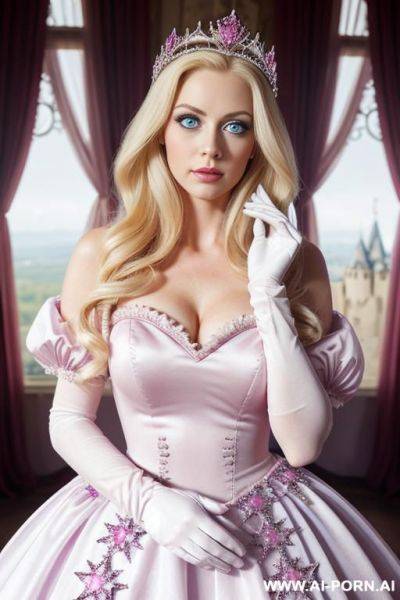 Princess on pink dress, star crown, white gloves, blue eyes, big eyes, big iris, blonde, in castle, mushrooms kingdom - ai-porn.ai on pornintellect.com