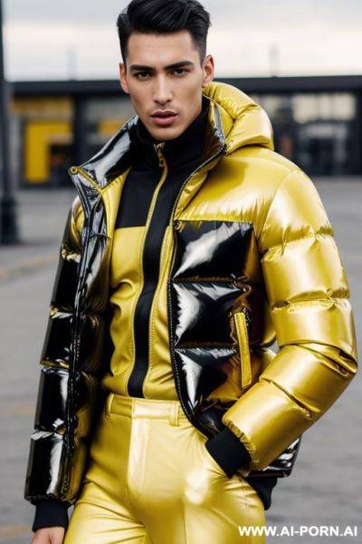 Shiny puffer jacket yellow, he’s face cum - ai-porn.ai on pornintellect.com