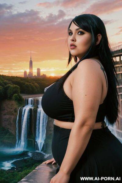 (((emo bbw, sexy chubby face, big city with waterfall at gorgeous sunset))) - ai-porn.ai on pornintellect.com