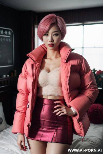 Pov, hot, sexy 3, korean, square haircut, pink hair, teacher, fit body, fluffy, , soft, red puffer jacket , red light skirt , perfect face, dark bedroom, flowers around - ai-porn.ai - North Korea on pornintellect.com