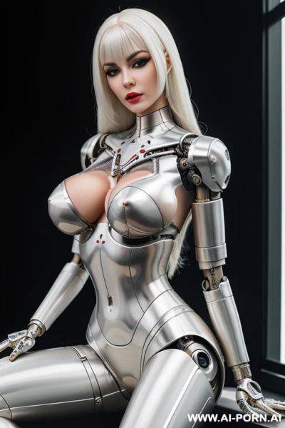 Beautiful sensual real female doll cyborg robot with skin in metal-latex white color, with four meccanic leg and metallic ,enormus boobs ,natural uman face, image hd quality - ai-porn.ai on pornintellect.com