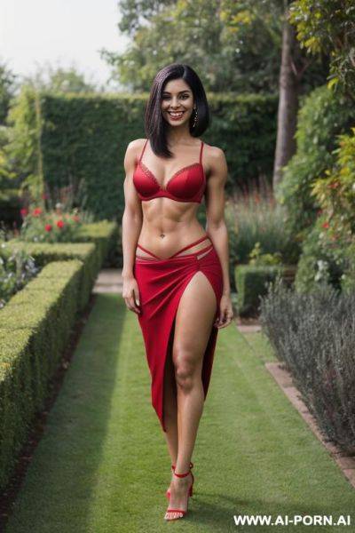 Indian, short hair, fit, abs, muscular arms, big ass, tall, long legs, navel piercing, red bra, red pleat slit skirt, looking at camera, full body, stiletto, in garden - ai-porn.ai - India on pornintellect.com